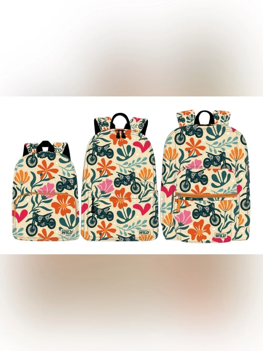 Kids Floral Motorcycle Print Backpack - Cream/Green/Orange
